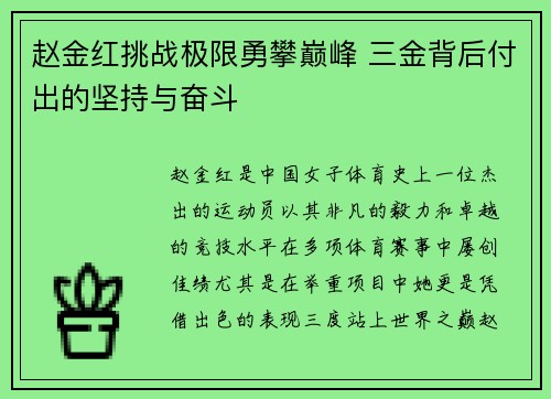 赵金红挑战极限勇攀巅峰 三金背后付出的坚持与奋斗 赵金红挑战极限勇攀巅峰 三金背后付出的坚持与奋斗