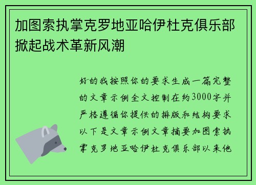 加图索执掌克罗地亚哈伊杜克俱乐部掀起战术革新风潮 加图索执掌克罗地亚哈伊杜克俱乐部掀起战术革新风潮